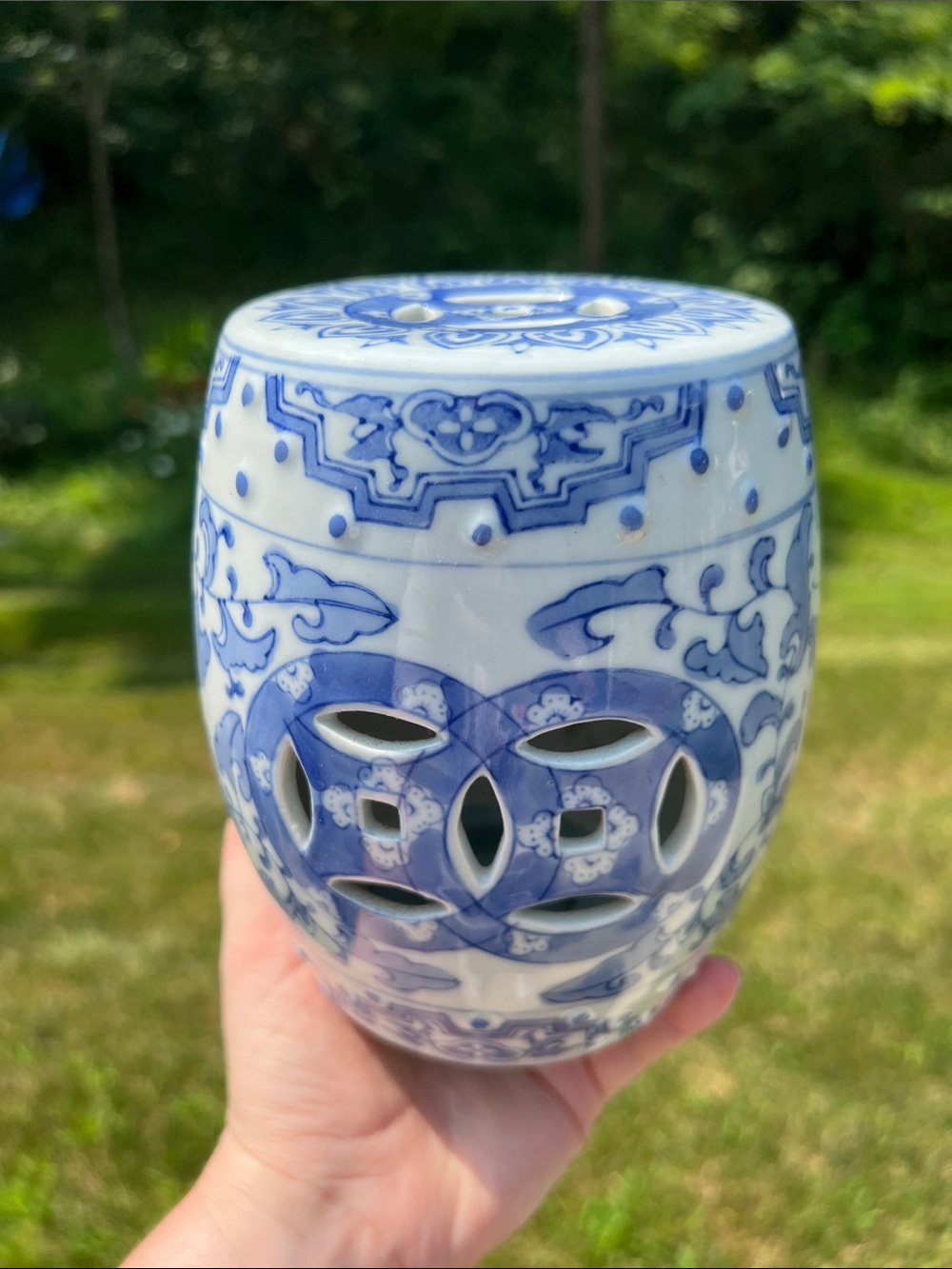 VTG Handpainted Blue and White Chinoiserie Porcelain Plant Stand Riser Pedestal